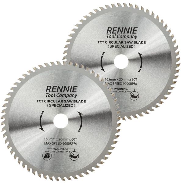 (PACK OF 2) 165mm x 20mm Bore x 60T TCT Cordless Circular Wood Saw Blades. Fits Bosch Makita Ryobi Dewalt DC390, DWE007, DCS391, DC391N Circular Saws etc, Thin Kerf