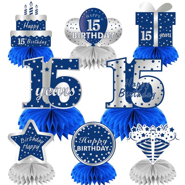 Kauayurk 8Pcs 15th Birthday Honeycomb Centerpieces Decorations for Boys, Blue Silver 15 Year Old Table Centerpiece Party Supplies, Fifteen Topper Decor Sign