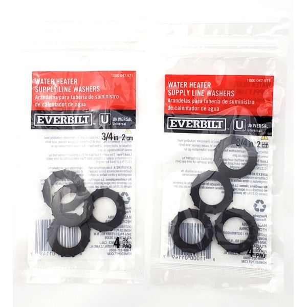 Lot of 2 Everbilt Packs of 4 Water Heater Supply Line Washers 3/4"