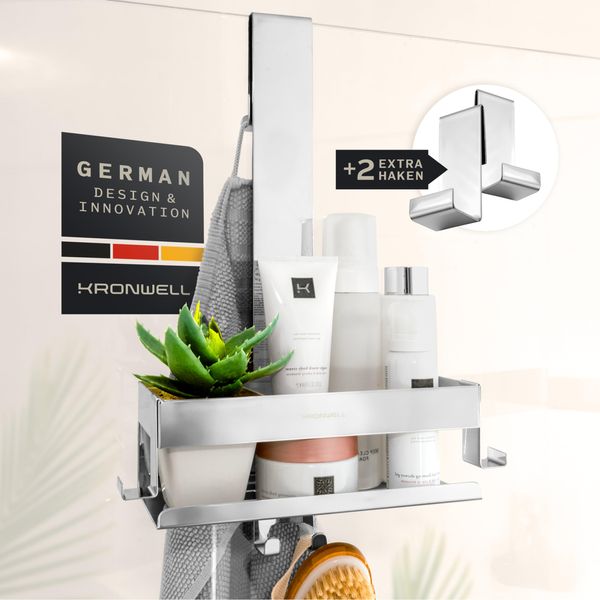 KRONWELL® Duschablage zum Hängen - rostfrei + 2 zusätzliche Haken - Duschregal zum Hängen - Duschkorb hängend Edelstahl - Shampoo Halterung für Dusche - Chrom