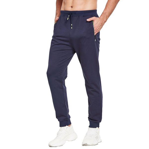 JustSun Jogginghose Herren Baumwolle Sporthose Trainingshose Herren Lang Fitness Hosen Männer Sweathose Sweatpants Herren mit Reissverschluss Taschen Blau XL