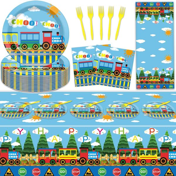 gisgfim Train Birthday Party Supplies Train Theme Party Tableware Includes Train Party Plates Napkins Fork and Train Theme Tablecloth for Birthday Parties Decorations Set Serve 20