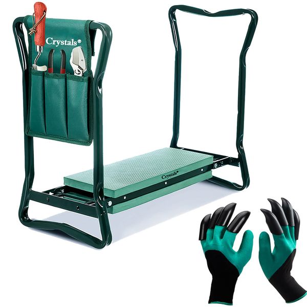 Crystals Portable Foam Padded Garden Kneeler Folding Stool Seat With Tools Bag & Gardening Gloves Set