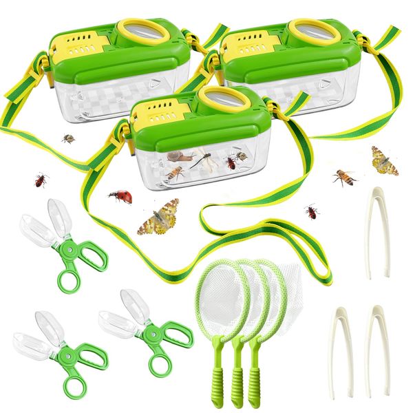 3 Sets Bug Catcher Kit for Kids Outdoor Exploration Kit Kid Summer Toys Nature Explorer Kit Bug Collection Kit with Insect Catcher Box, Butterfly Nets, Tweezers for Kids 3 4 5 6 7 8+ Years Old