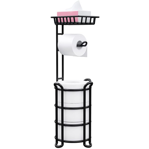 Toilet Paper Holder Stand with Shelf, Free Standing Toilet Tissue Roll Storage Rack for Bathroom, Black