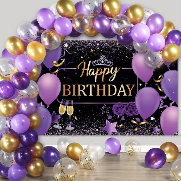 Purple and Gold Birthday Party Decorations Purple Gold Confetti Balloons Kit Happy Birthday Photography Backdrop for Girls Ladies Women Birthday Party Supplies Decor