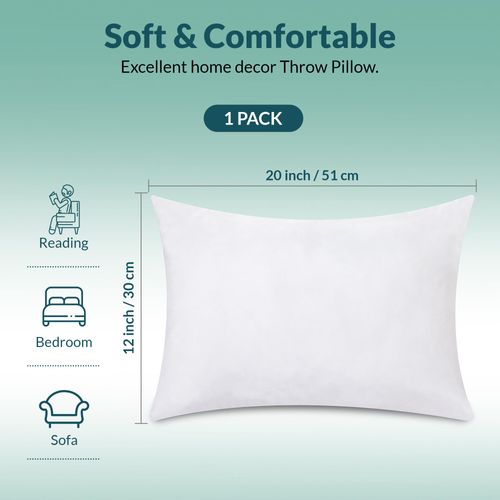 Royale Linens Throw Pillow Insert 1 Pack 12x20 Inch Pillow Insert - Rectangle Pillow - Bed & Couch Pillow - Sofa Pillow Insert - Decorative Pillow Insert - Inner Cushion - Pillow & Shams Stuffer White