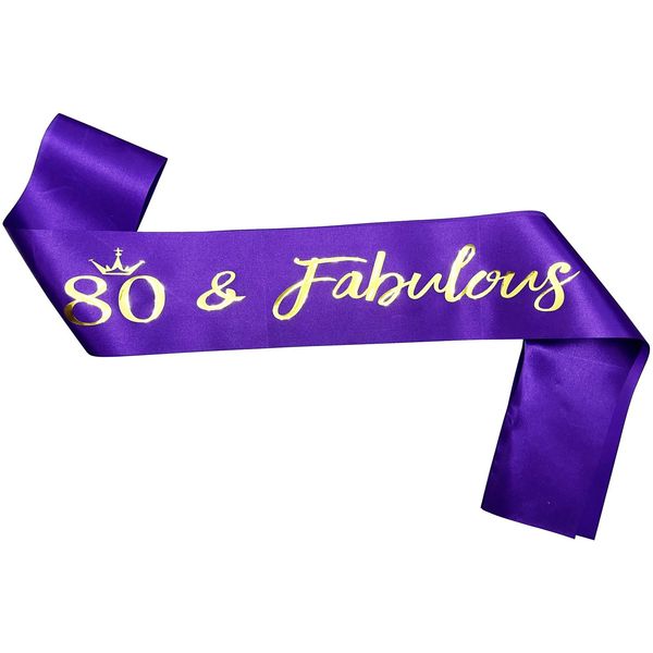 NAUXIUDSJS 80th Birthday Sash, Fabulous 80 Birthday Satin Sash with Gold Foil Words, Birthday Gift 80th Birthday Accessories Decorations Party Favor,Purple