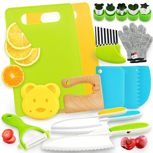 SMILESSKIDDO Kids Knife Set for Real Cooking - 19 Pieces Kids Cooking Set Real Montessori Kitchen Tools - Toddler Safe Knife with Wooden Knife Safe Serrated Edges Plastic Knife,Cutting Board,Gloves