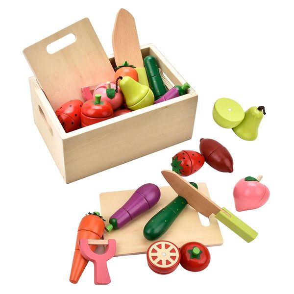 CARLORBO Toy Pretend Play Fresh Vegetables & Fruits Wooden Cuts! Magnetic Fruit & Treat Set for Kids Montessori Toy in Wooden Box