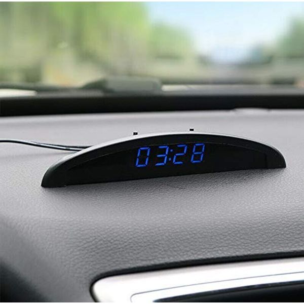 Riloer Car Temperature Clock, Universal Auto Dashboard Digital Clock Thermometer Voltage with LCD Screen Display for Car Interior, Blue