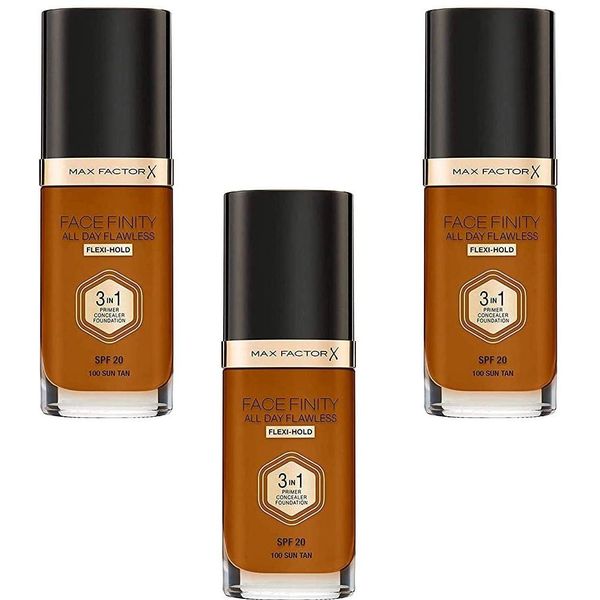 3 x Max Factor Face Finity Flawless 3 in 1 Foundation 30ml - 100 Sun Tan