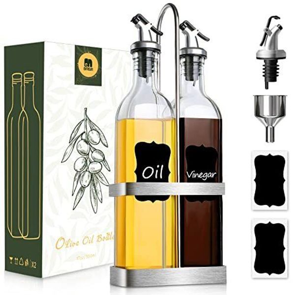 Gmisun Oil And Vinegar Dispenser Set Comes With Stainless Steel Holder Rack Clea