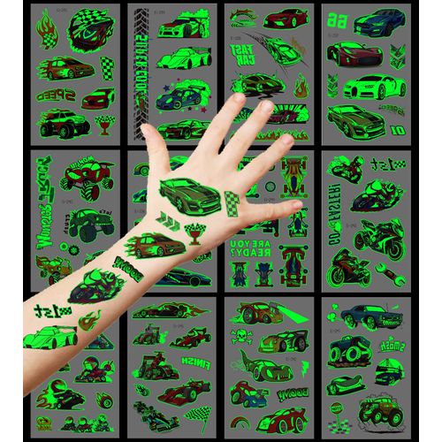 Tattoos for Kids,12 Sheets Luminous Racing Car Kids Tattoos,Glow In The Dark Children Temporary Car Tattoos Stickers for Boys Party Bag Fillers,Birthday Party Favours,Party Games Stuff Supplies