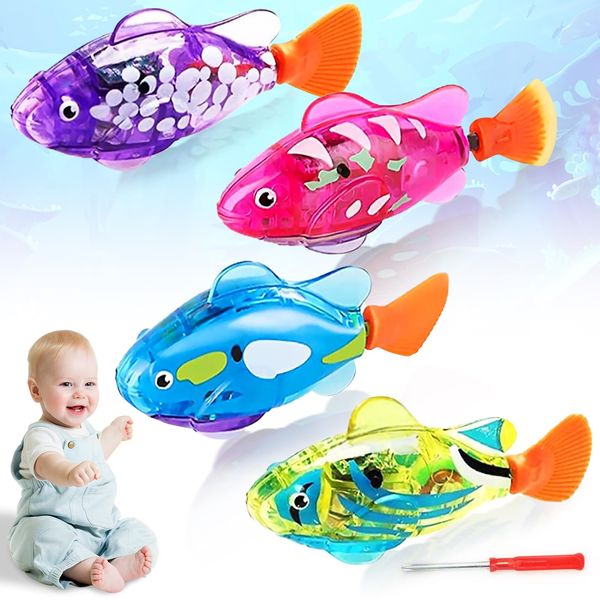 Robot Fish , 4Pcs Swimming Robotic Fish Toy with LED Light Kids Bath Toy Electric Swimming Fish for Kids Gift