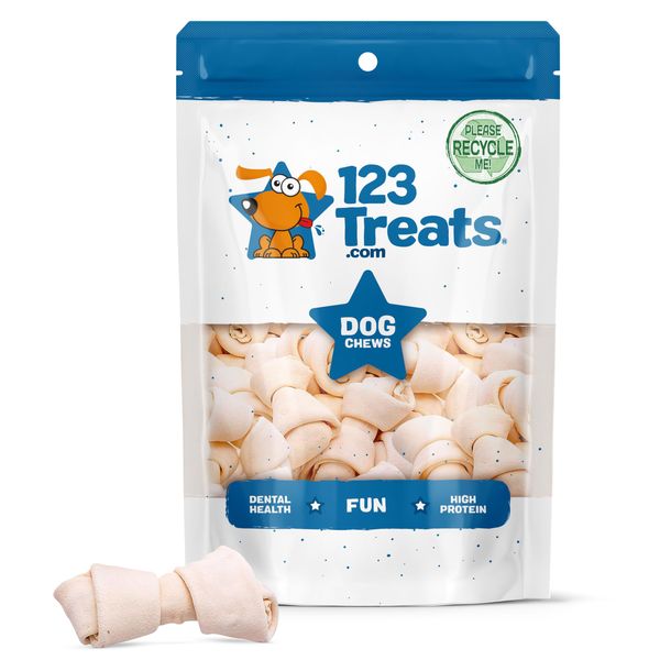 123 Treats Dog Rawhide Bones: Rawhide Bones Chews 3-4" Premium Rawhide Dog Bones, Free Range Grass Fed Cattle with No Hormones, Additives or Chemicals, Tasty Long Lasting Chews for Dogs, Pack of 15