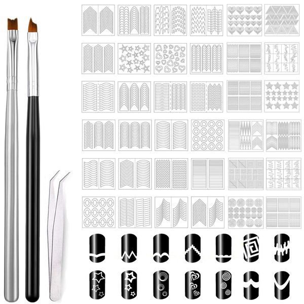 MWOOT 36 Nail Art French Tip Form Guides Stickers Set with 2 French Nails Brushes, French Form Fringe Guides Manicure Strips Tools for Women Nails Beauty Painting Brushes DIY Tools