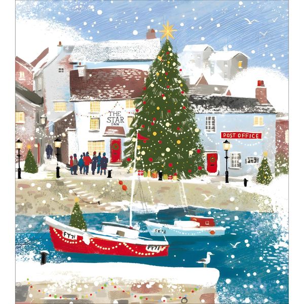 Charity Christmas Cards - Supporting Age UK, British Heart Foundation, Marie Curie and Mind - Pack of 5 - Winter Harbour and Boats - Made in the UK - Eco-Friendly