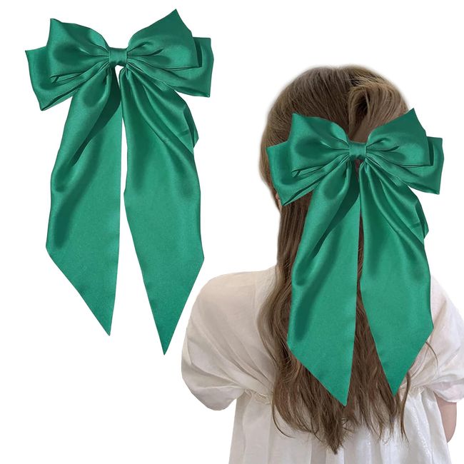 Hair Bow, Big Hair Bows for Women, Solid Color Bow Hair Clips with Long Ribbon, French Barrette Clip Soft Satin Silky Hair Bows Cute Gifts for Women Girls (Green)