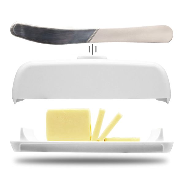 Butter Hub Butter Dish with Lid and Knife, Magnetic Butter Keeper, Easy Scoop, No Mess Lid, Plastic, Dishwasher Safe (White)