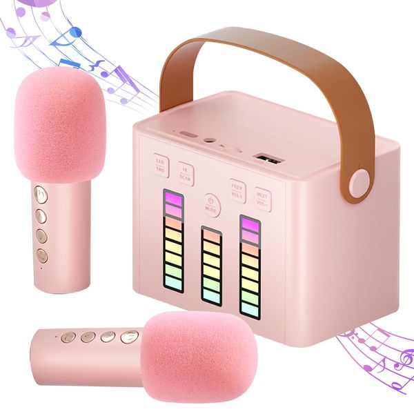 Gresource Mini Karaoke Machine for Kids Adults, Portable Bluetooth Karaoke Speaker with 2 Wireless Microphones and Dynamic Lights for Home Outdoor Gifts for Girls Boys Ages 4 6 8 10 12+ (Pink)