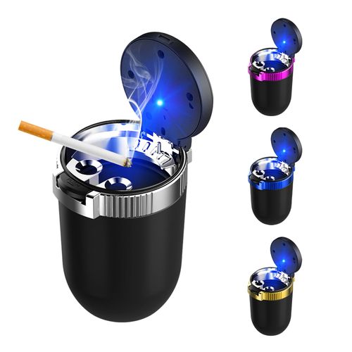 Ohleats Car Ashtray with Lid, Detachable Stainless Steel Ash Tray with LED Blue Light, Portable Mini Vehicle Cup Holder Trash Can Smell Proof Ashtray Cup, Universal Car Accessories (Silver)