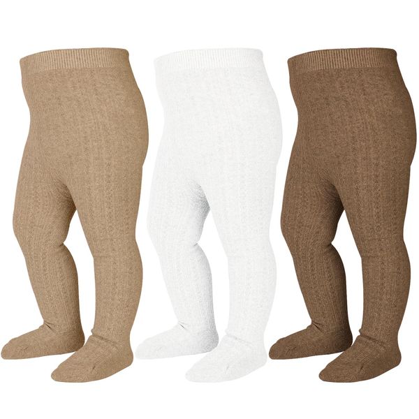 Mini angel Baby Tights 12-24 Months Cable Knit Tights 3 Pack Baby Leggings Seamless Cotton Stockings Pantyhose for Toddlers (Coffee+Khaki+Ivory, M)