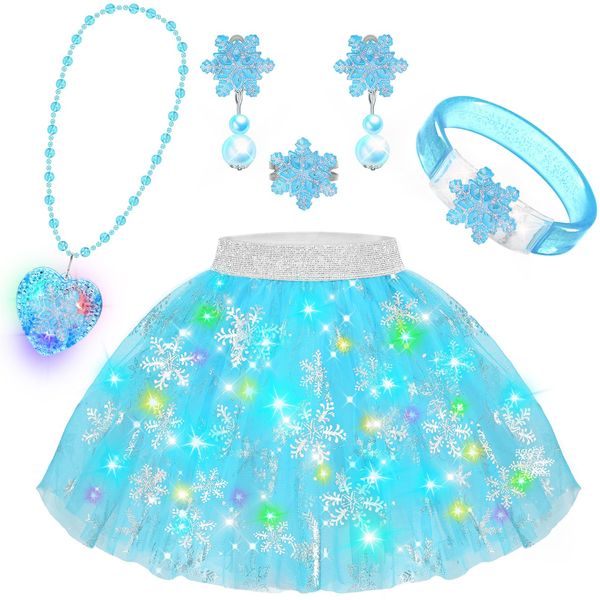 Princess Dress Up for Girls 4-6, 6 PCS Light Up Toddler Dress Up Skirt with Bracelet, Necklace, Toddler Toys for Ages 3-6, Kids Toys for 3 4 5 6 year old Girl Christmas Halloween Birthday Gift