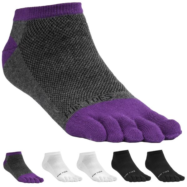 FUN TOES Women's Cotton Toe Socks-Breathable-6 PAIRS Pack-Size 9-11-Lightweight (2 Black/ 2White/ 2Grey-Purple)