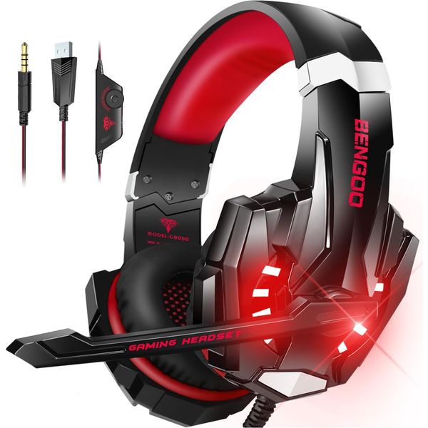 Bengoo G9000 Gaming Headset, Headphone with Mic, LED, 0.13 inch (3.5 mm) Plug, Compatible with PS4 / PC / Mac / Switch / Wii U / XBox One, Red