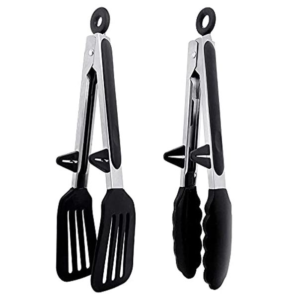 Kitchen Tongs 9 Inch Silicone Tongs Set of 2 Food Safe Silicone Cooking Tongs Non-Slip Locking BBQ Tongs Serving Tongs Salad Tongs with Stainless Steel Handle