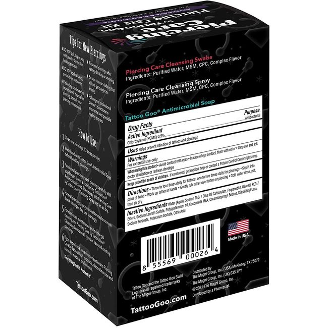 Piercing Care Kit by Tattoo Goo - Complete Kit Includes Antimicrobial Soap,  Cleansing Spray and Cleansing Swabs