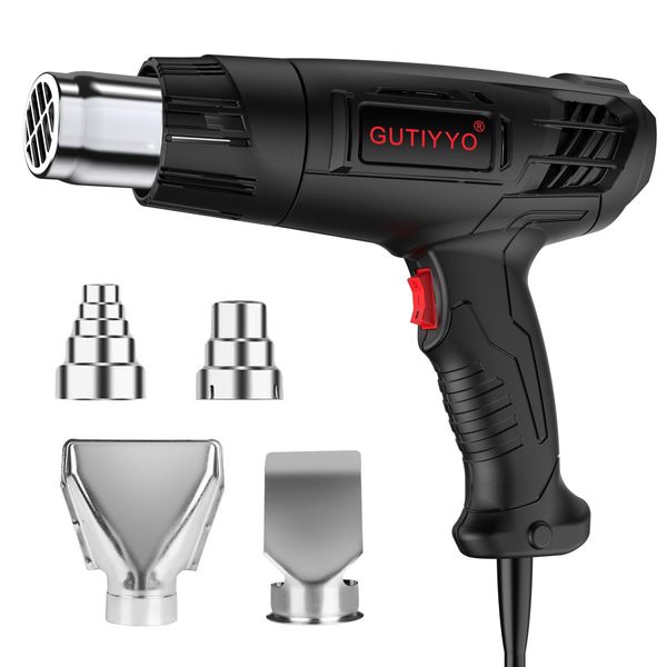 GUTIYYO Heat Gun 2000W, Professional Hot Air Gun Kit Dual Temperature Settings 300℃~500℃ and Overload Protection, Heat Gun for Crafts, Shrink, Wrapping, Paint Removing (4 Nozzles) (Black)