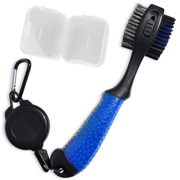 Golf Club Brush, Clean, Maintenance Tool, Wire, Nylon, Needle Storage, 3 Sides, Expandable String, Carabiner Hook Included, Non-slip Rubber Handle, Portable, Lightweight, Multi-Purpose, Blue