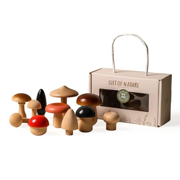 Promise Babe Wooden Mushroom Toys, Montessori Wooden Blocks Stacking Toys for Toddlers 11 Pcs, Miniature Mushroom Various Sizes Woodland Creative Craft Home Decor