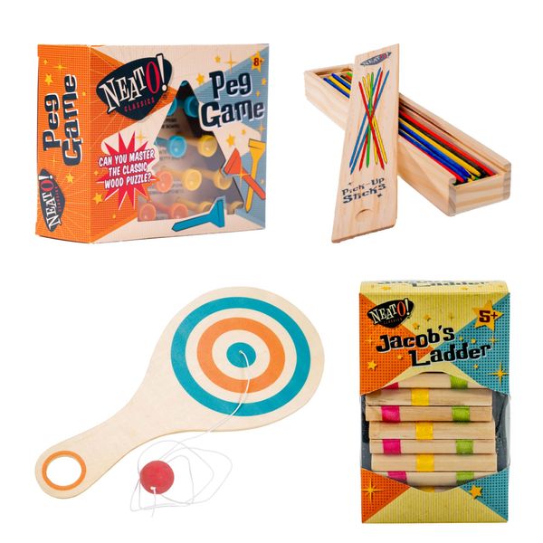 Neato Wood Toys Bundle – Includes Classic Wooden Peg Game, Jacob's Ladder Puzzle, Pick-Up Sticks, and Bounce-Back Paddle Ball – Fun Retro Games for Kids & Adults – Perfect for Travel & Family Play