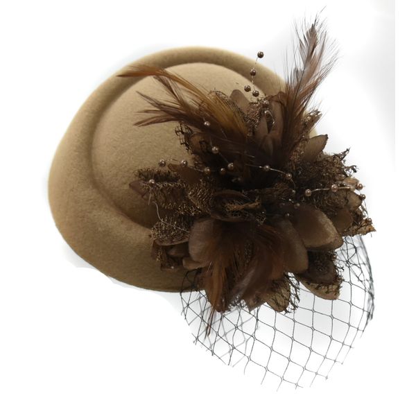 Beige Brown Pillbox Fascinator Hat for Women Weddings Bird Cage Veil Clip