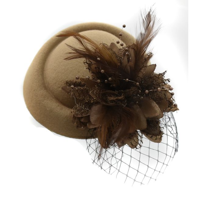 Beige Brown Pillbox Fascinator Hat for Women Weddings Bird Cage Veil Clip