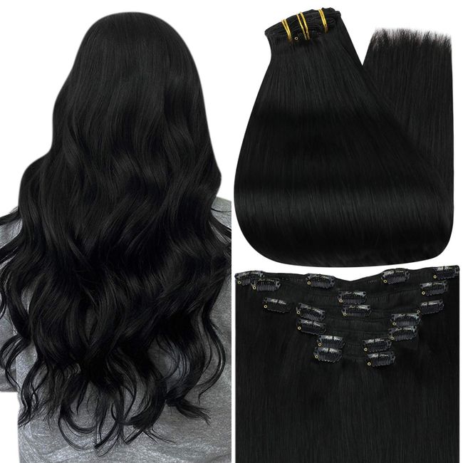 Full Shine Human Hair Clip in Extensions Jet Black Clip In Hair Extensions 20Inch Color 1 Remy Straight Hair Extensions 100 Gram Per Set 7 Pieces Clip Ins Hair Extensions