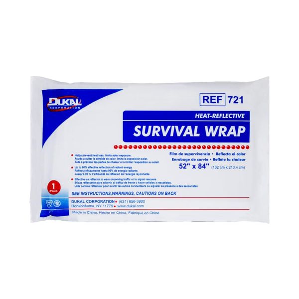 Dukal 721 Emergency Survival Blanket Mylar Wrap | Thermal Properties, Convenient Storage | Protection Against Wind, Rain, Sun | Diverse Functionality for Outdoor Enthusiasts & Responders | Pack of 1