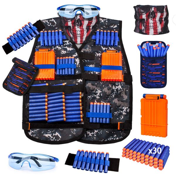 Kids Tactical Vest Kit for Nerf Guns Series with Refill Darts,Dart Pouch, Reload Clips, Tactical Mask, Wrist Band and Protective Glasses, Toys for 8 9 10 11 12 Year Boys