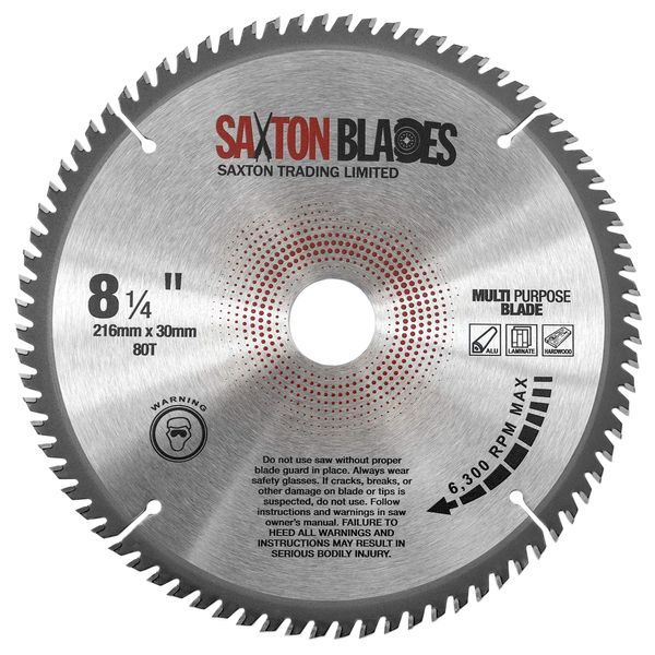 TCT21680TTCG Saxton TCT Circular Saw Blade 216mm x 80T x 30mm Bore (16, 20 and 25mm rings) Aluminium Laminate Hardwood