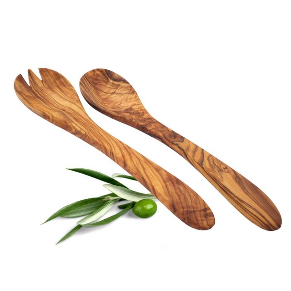 Amrami® Olive Wood Salad Servers - 2 Piece Set with Fork & Spoon 30cm - Handmade, Antibacterial & Sustainable