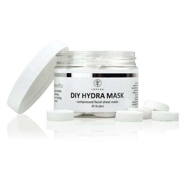 LOPURA DIY Hydra Mask - Compressed Facial Sheet Mask - Tuchmaske ohne Wirkstoffe - Individuell verwendbare Gesichtsmaske - Tablettenform - 100% Baumwollvlies - 35 St.