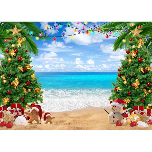 LYWYGG 7x5ft July Christmas Backdrop Summer Christmas Photography Background Summer Beach Xmas Party Backdrop cp-663