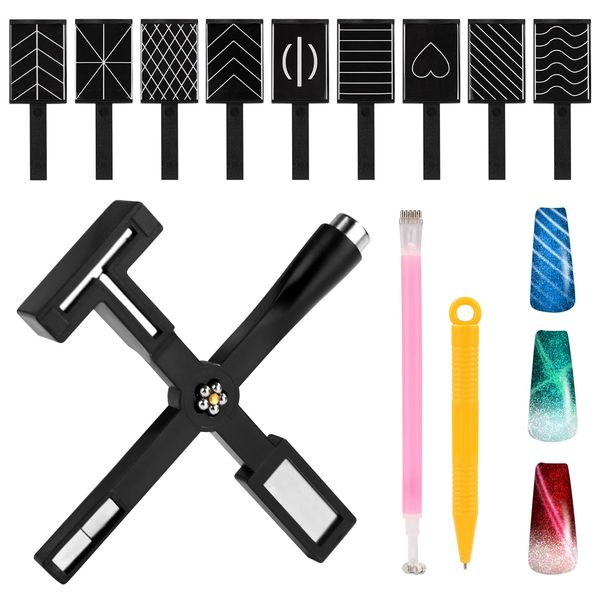 12pcs Nail Magnet Set, Nail Art Magnet for Cat Eye Including Cross Beauty Tool, Single & Double-Headed Magnetic Pen, Stripes Magnetic Boards Gel Nail Polish Magnet Tool for DIY Nail