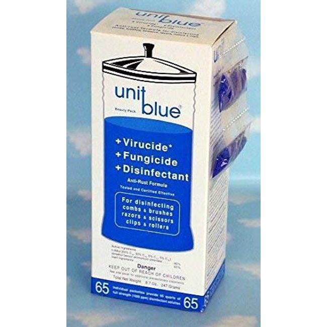 Unit Blue Germicidal Disinfectant Concentrate for Barbers and Beauty Houses, Anti-Rust Formula, Steralize Combs, Brushes, Scissors, Razors and more, 65 Sachets will make 65 Quarts of Solution 1600 ppm, Virucide, Fungicide and Disinfectant