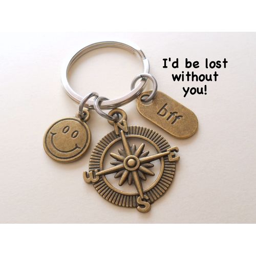 Bronze Friend Charm Keychain with Compass Charm, Smiley Face Charm & Bff Charm, Good Friend Key Ring, Best Friend Keychain