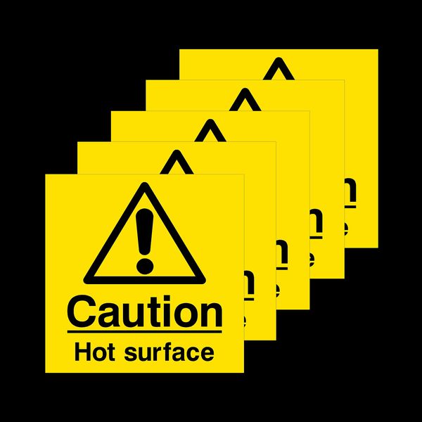 5x Caution Hot Surface 100x100mm Rigid Plastic Signs