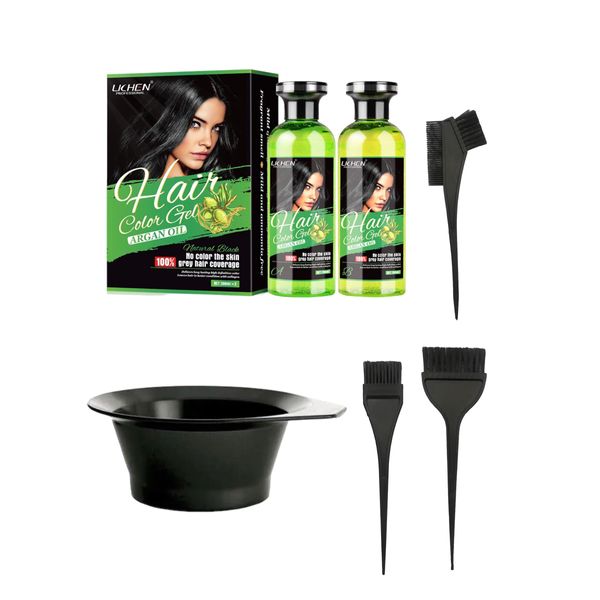 LICHEN HAIR COLOR GEL BUNDLE SET 250ml NATURAL BLACK, No Color to the Skin! Contains Argan Oil, Fast Action 100% Grey Coverage, Beard Dye, Black Hair Dye